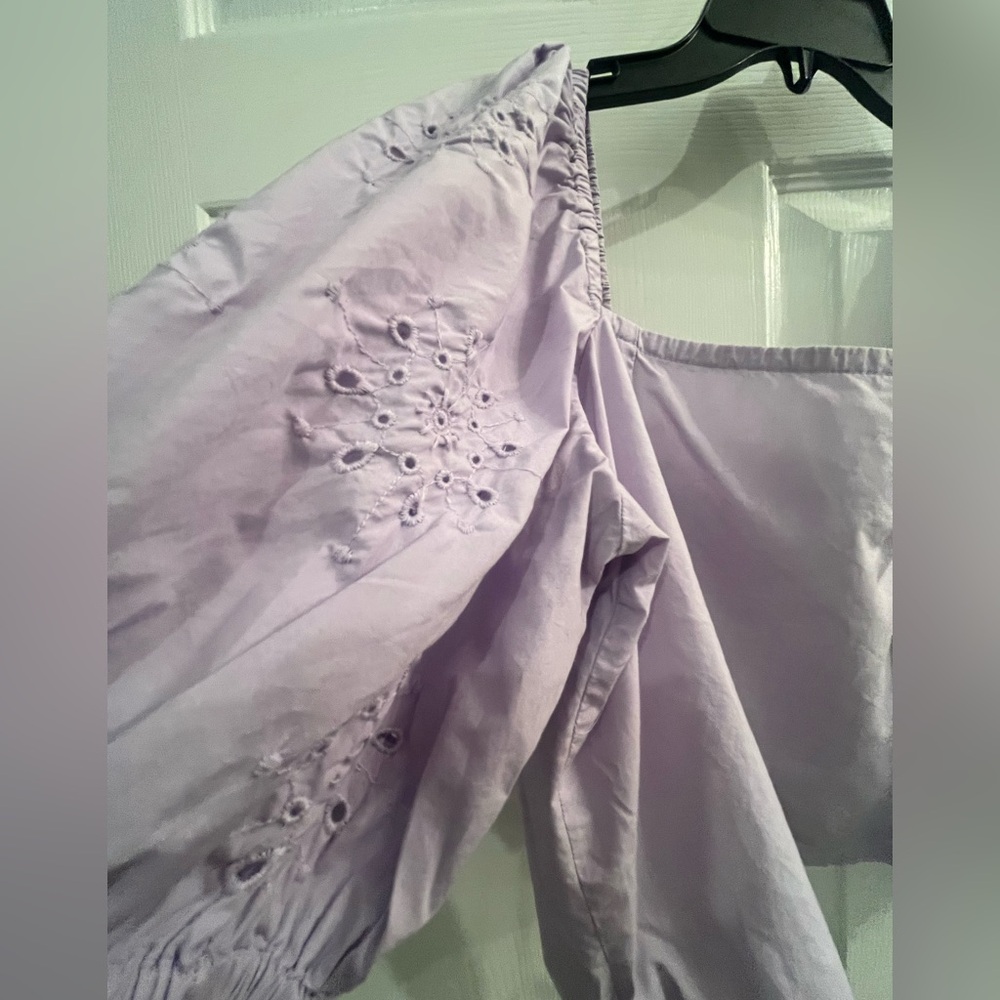 H&M Puff-sleeved Eyelet Embroidered Crop Lilac Cotton Poplin Top - Picture 5 of 10